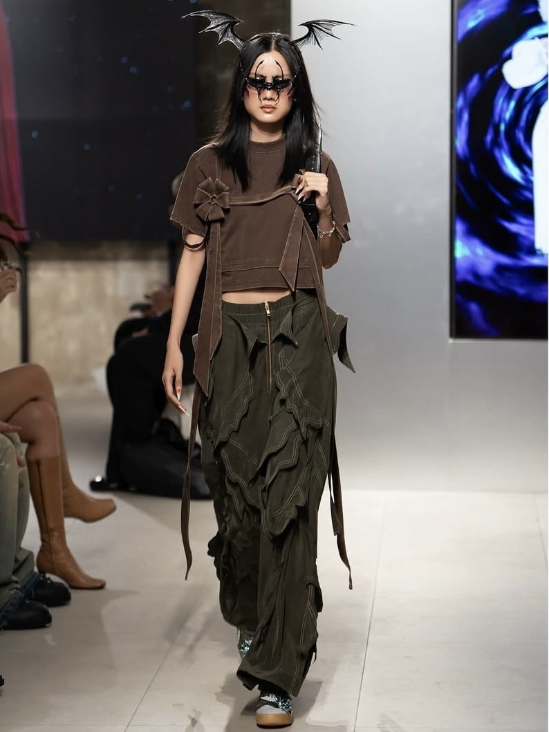 【La Lune】EARTHY TOP / 【ラリュンヌ】ビンテージフェイクレイヤードリボン半袖Tシャツ