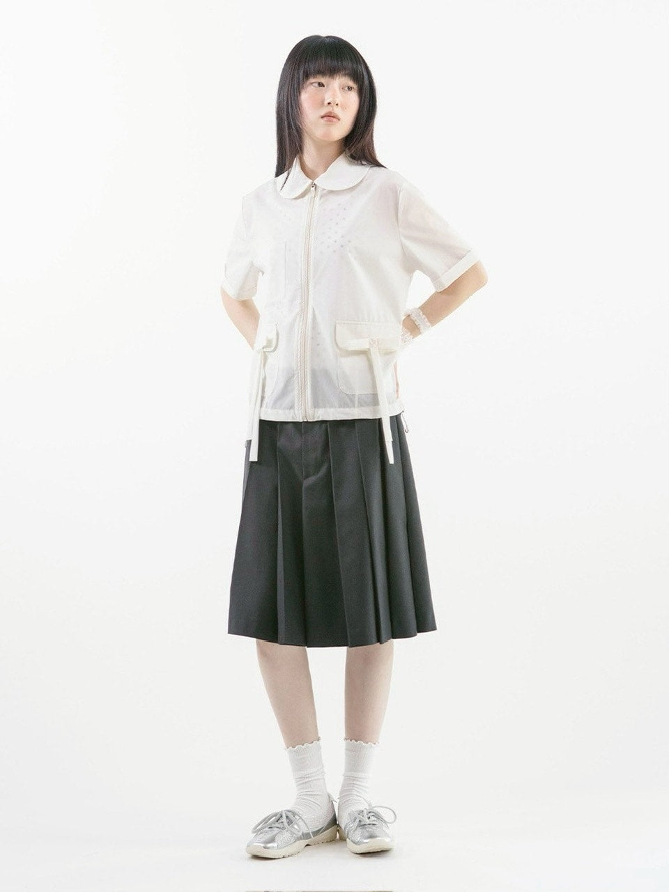 【TUOMIO】ROUND COLLAR NYLON ZIP-UP / 【トゥオミオ】ラウンドカラーナイロン半袖シャツジャケット