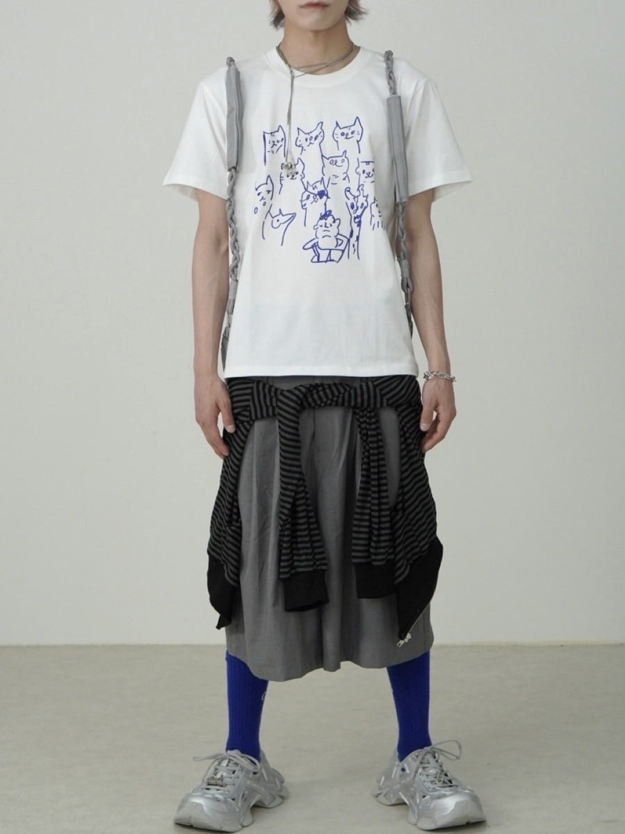 国際配送【Nerd out XU】lots of neko tee / 【ナードアウトエックスユー】キャットプリント半袖Tシャツ