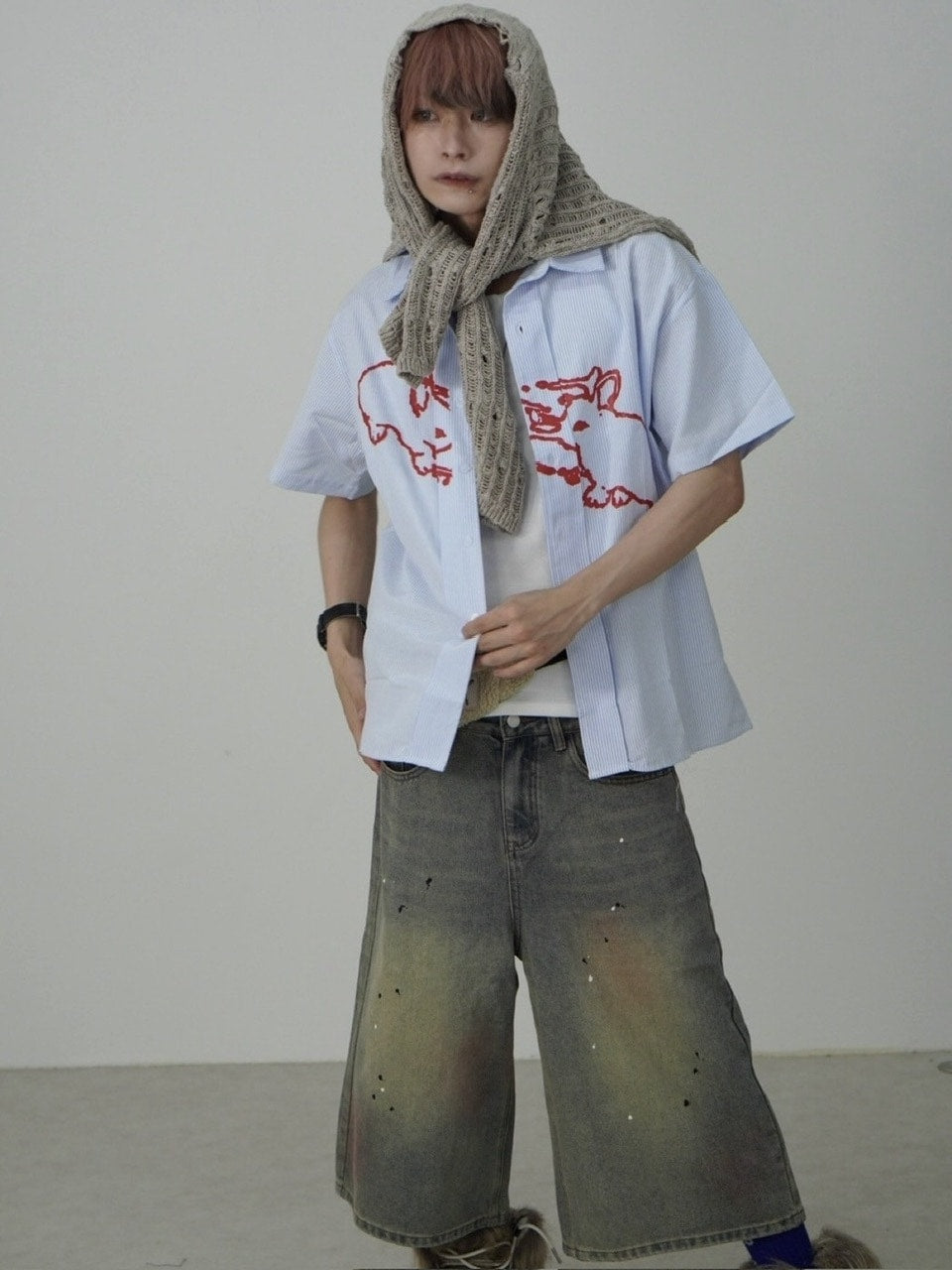 国際配送【Nerd out XU】pink washed seven quarte denim pants / 【ナードアウトエックスユー】ピンクウォッシュドワイドハーフパンツ