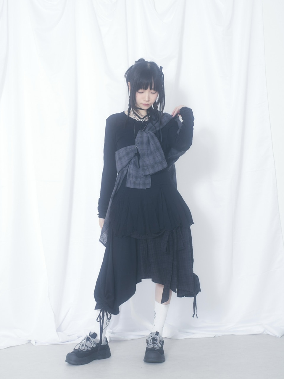 国際配送【Nerd out XU】docking ribbon check asymmetry skirt