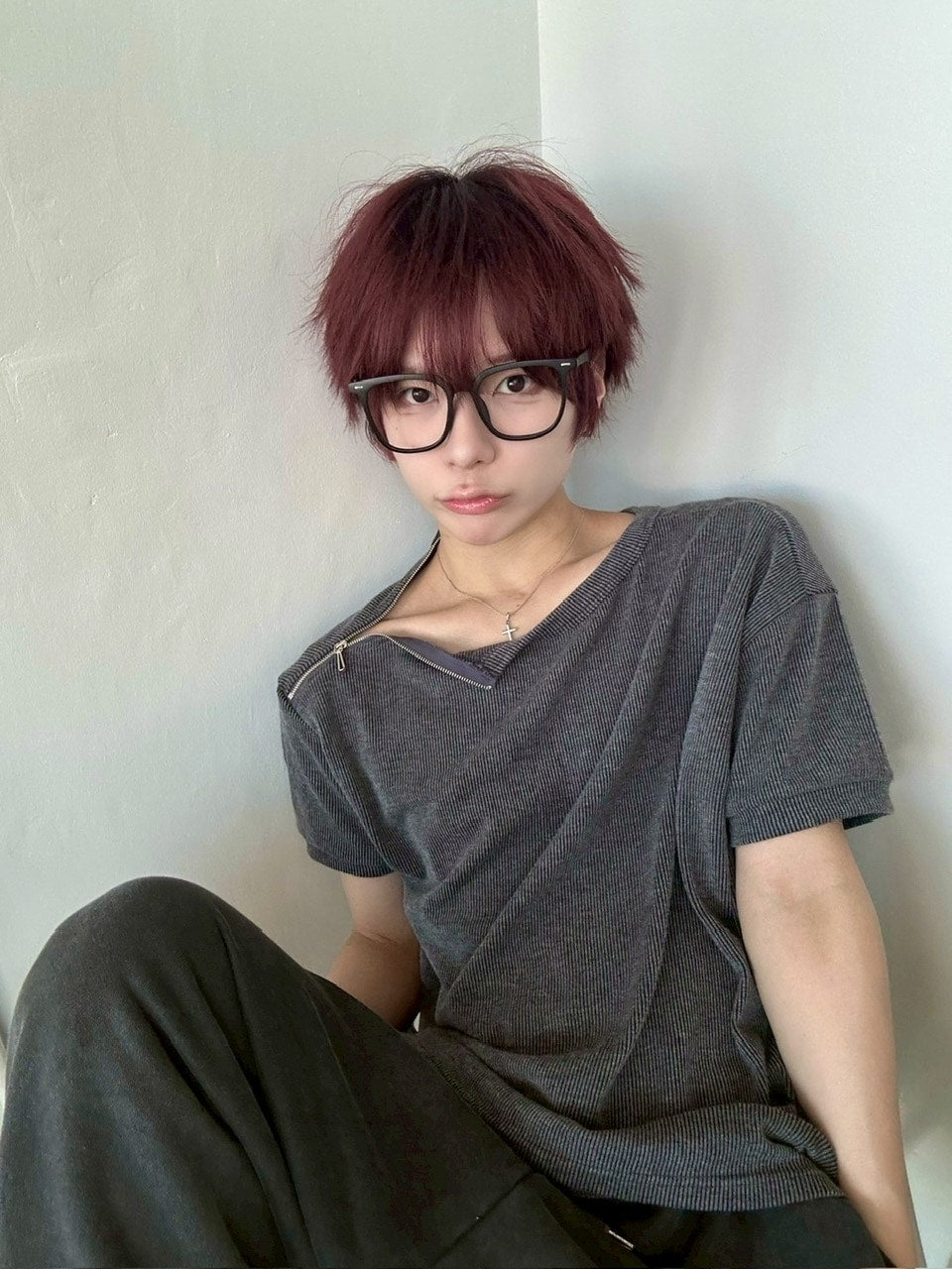 受注制【LUV CODE】shoulder zip half sleeve knit (3color)