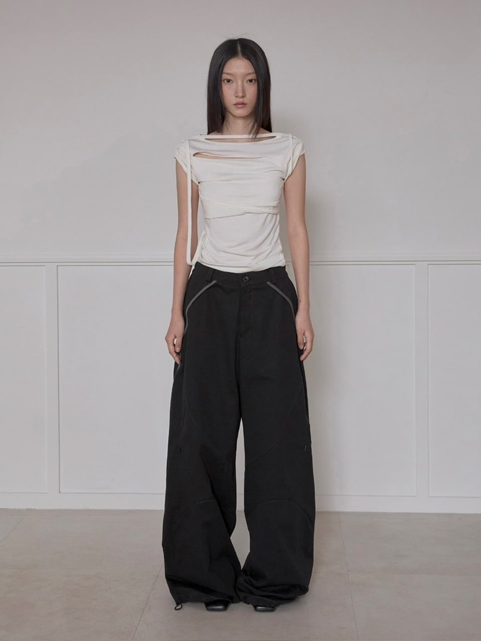 【FLAREUP】Asymmetrical Draped Strap Roll-Up T-Shirt