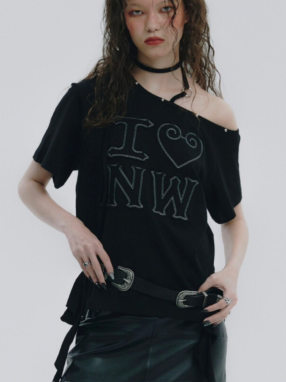 【NOT KNOWING】One Shoulder I LOVE Ruffle Top / 【ノットノーイング】ワンショルダーアイラブラッフル半袖Tシャツ