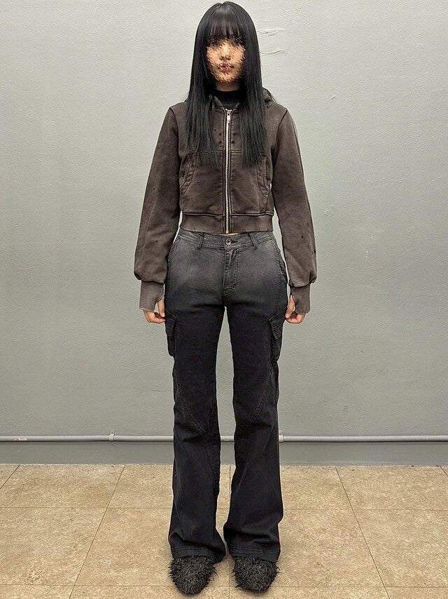 【BLR BLUER】Grunge Punched Washing Hoodie Zip-Up