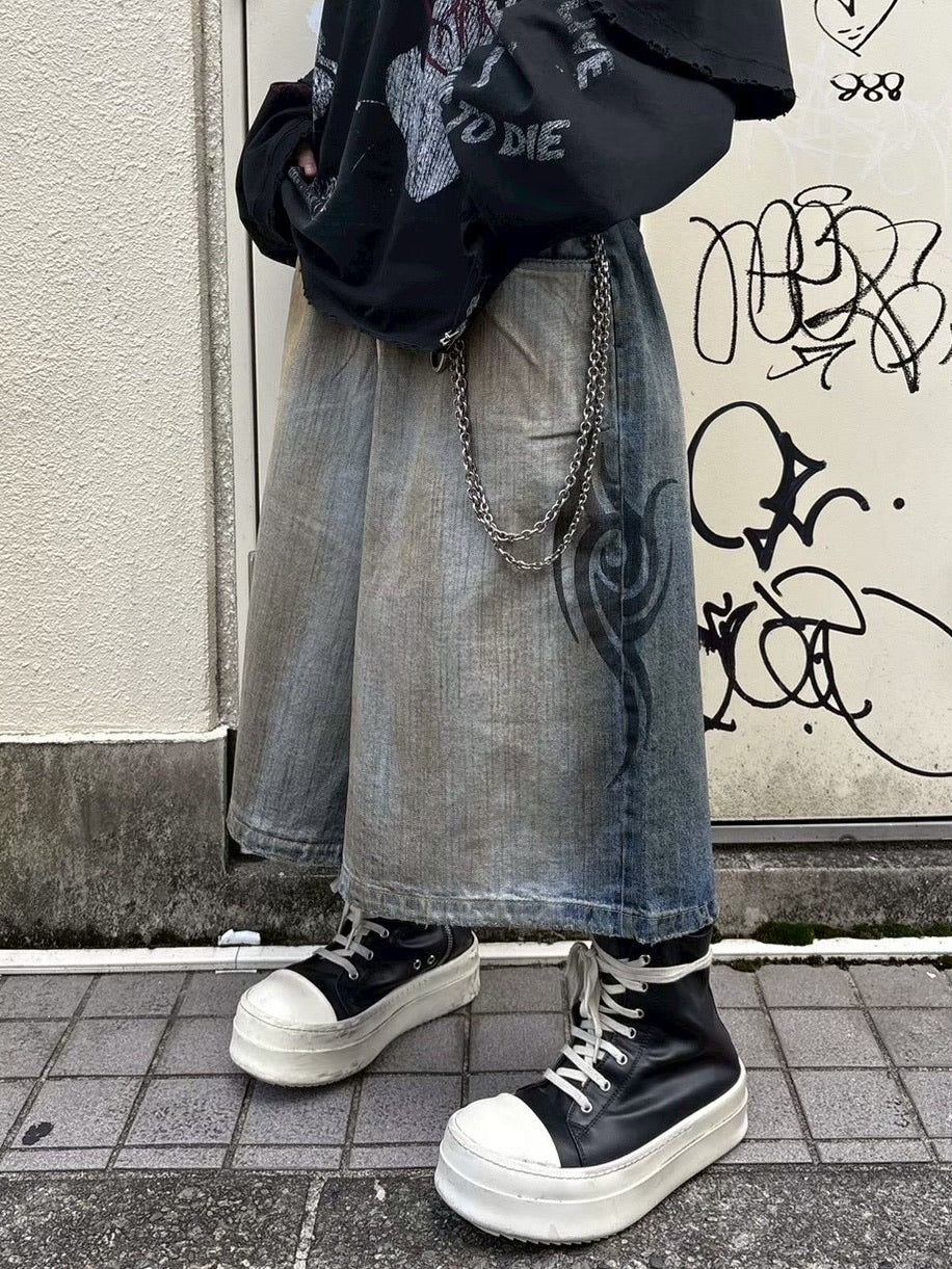 受注制【Never mind the XU】tribal denim half pants / 【エックスユードッグ】トライバルデニムハーフパンツ