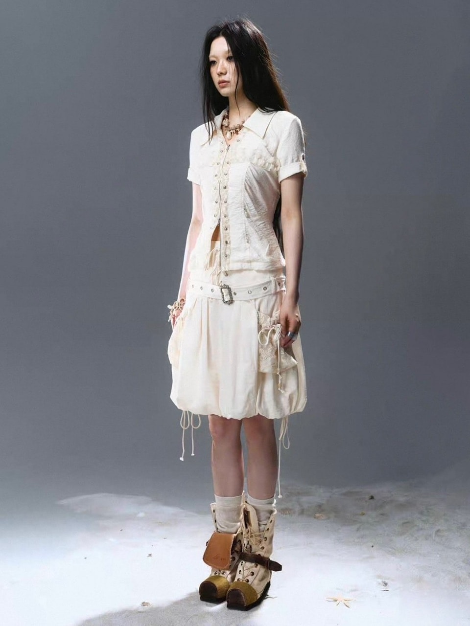 【Cest Nous】Lace Trim Rivet Blouse / 【セヌー】レースフリルリベットブラウス
