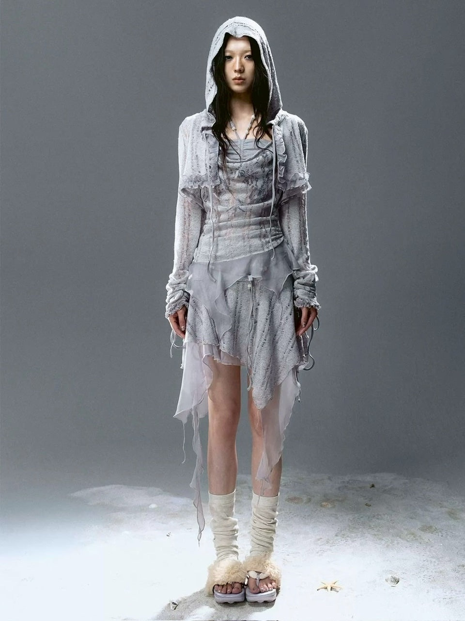 【Cest Nous】Misty Blue Cardigan / 【セヌー】フードフリルシースルーカーディガン