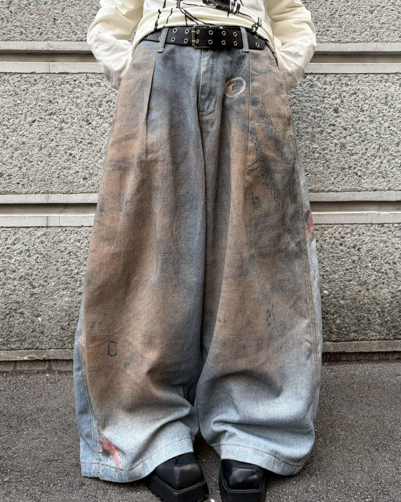 【LUV CODE】chain printed balloon denim pants