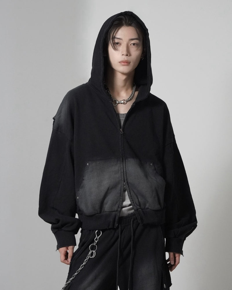 【CHIKASHITSU PLUS HIGH】cropped dirty wash double zip hoodie (wash black) / 【チカシツプラスハイ】クロップドダーティーウォッシュダブルジップパーカー