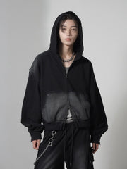 【CHIKASHITSU PLUS HIGH】cropped dirty wash double zip hoodie (wash black) / 【チカシツプラスハイ】クロップドダーティーウォッシュダブルジップパーカー