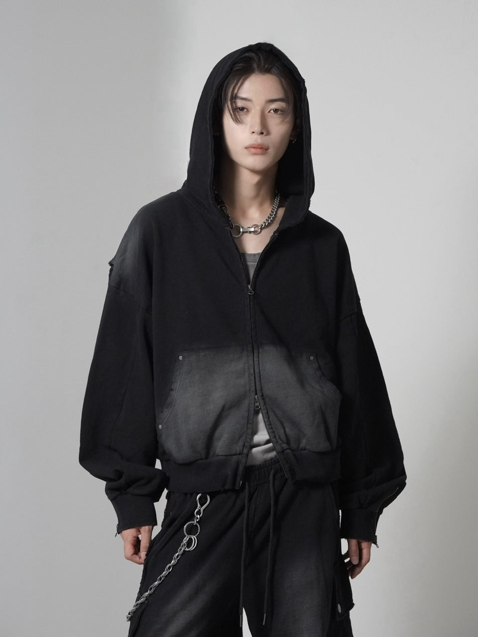 【CHIKASHITSU PLUS HIGH】cropped dirty wash double zip hoodie (wash black) / 【チカシツプラスハイ】クロップドダーティーウォッシュダブルジップパーカー
