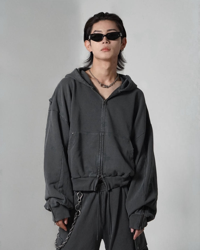 【CHIKASHITSU PLUS HIGH】cropped dirty wash double zip hoodie (charcoal) / 【チカシツプラスハイ】クロップドダーティーウォッシュダブルジップパーカー