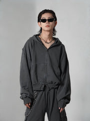 【CHIKASHITSU PLUS HIGH】cropped dirty wash double zip hoodie (charcoal) / 【チカシツプラスハイ】クロップドダーティーウォッシュダブルジップパーカー