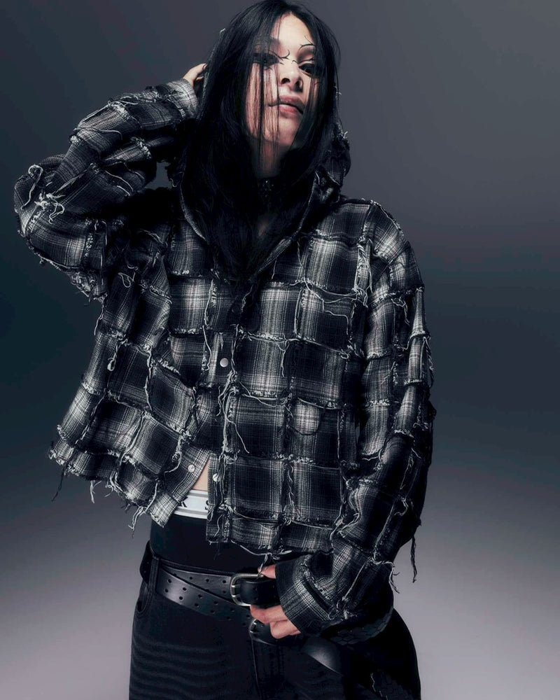 【DIG YOUR OWN GRAVE】PATCHWORK HOODY SHIRTS /【ディグユアオウングレイブ】パッチワークフードチェックシャツ