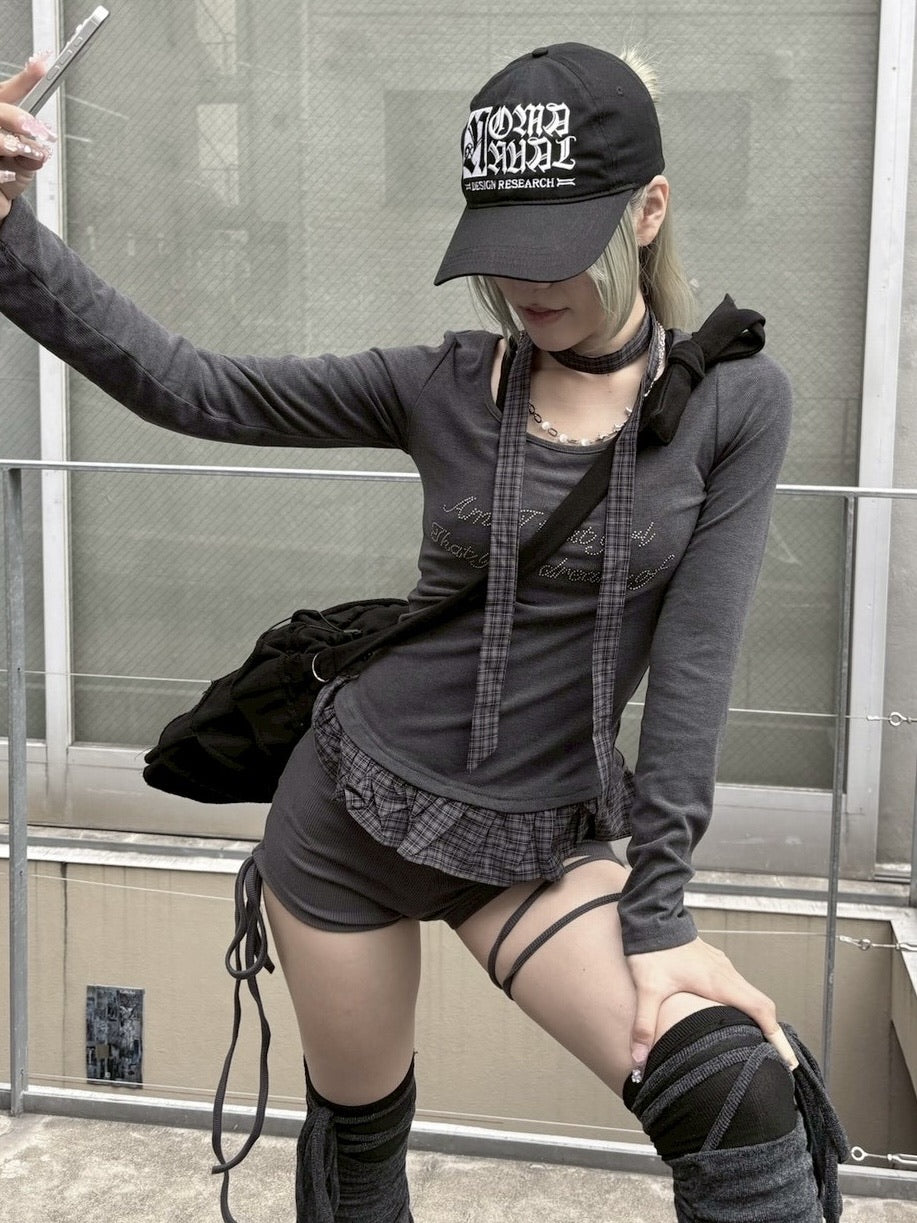 受注制【nmtc +】tie set check lace long sleeve / 【エヌエムティーシープラス】タイ付きチェックレース切り替え長袖Tシャツ (3color)