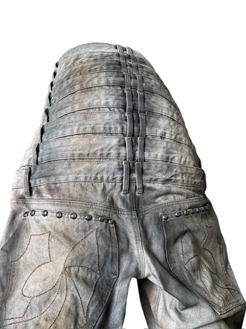 【UNIZ】8 Backs J-Cut Pants / 【ユニズ】ダーティーライクレイヤードバルーンデニムパンツ