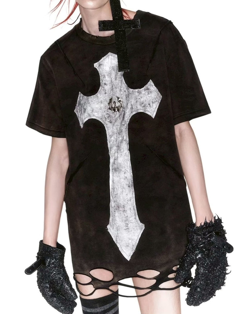 【UNIZ】Cross Knight T-Shirt / 【ユニズ】オーバーサイズクロスダメージ半袖Tシャツ