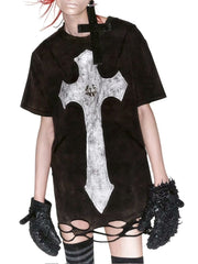 【UNIZ】Cross Knight T-Shirt / 【ユニズ】オーバーサイズクロスダメージ半袖Tシャツ