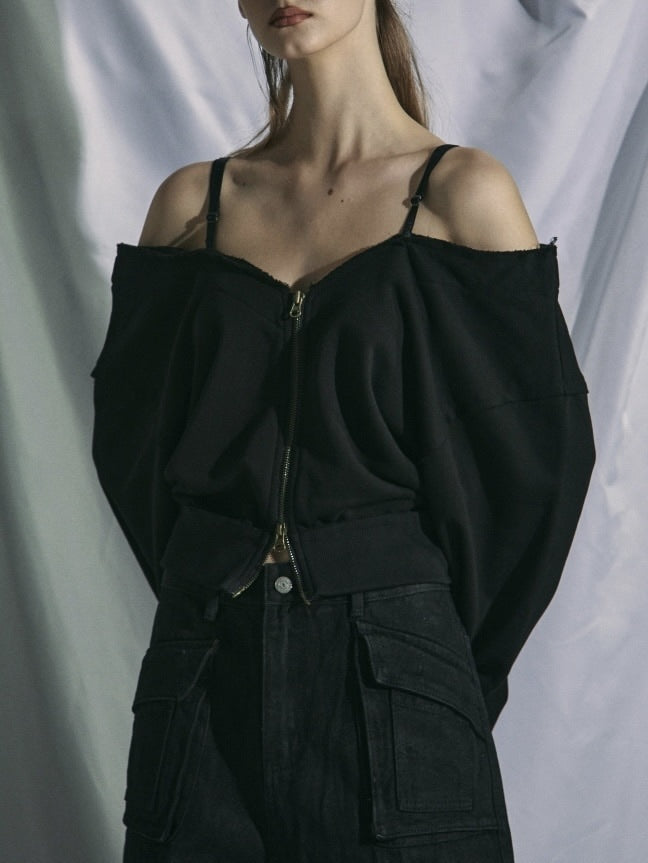 【GATELESS】OFF-SHOULDER ZIP SWEAT / 【ゲートレス】オフショルダージップスウェット