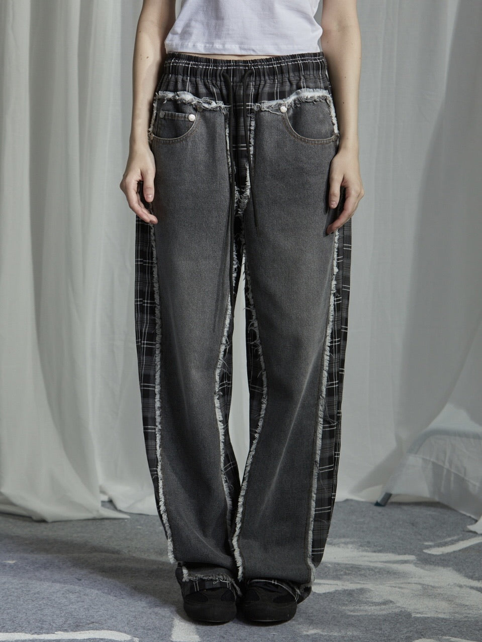 【GATELESS】DAMAGE DENIM PATICHWORK CHECK PANTS / 【ゲートレス】ダメージデニムパッチワークチェックパンツ