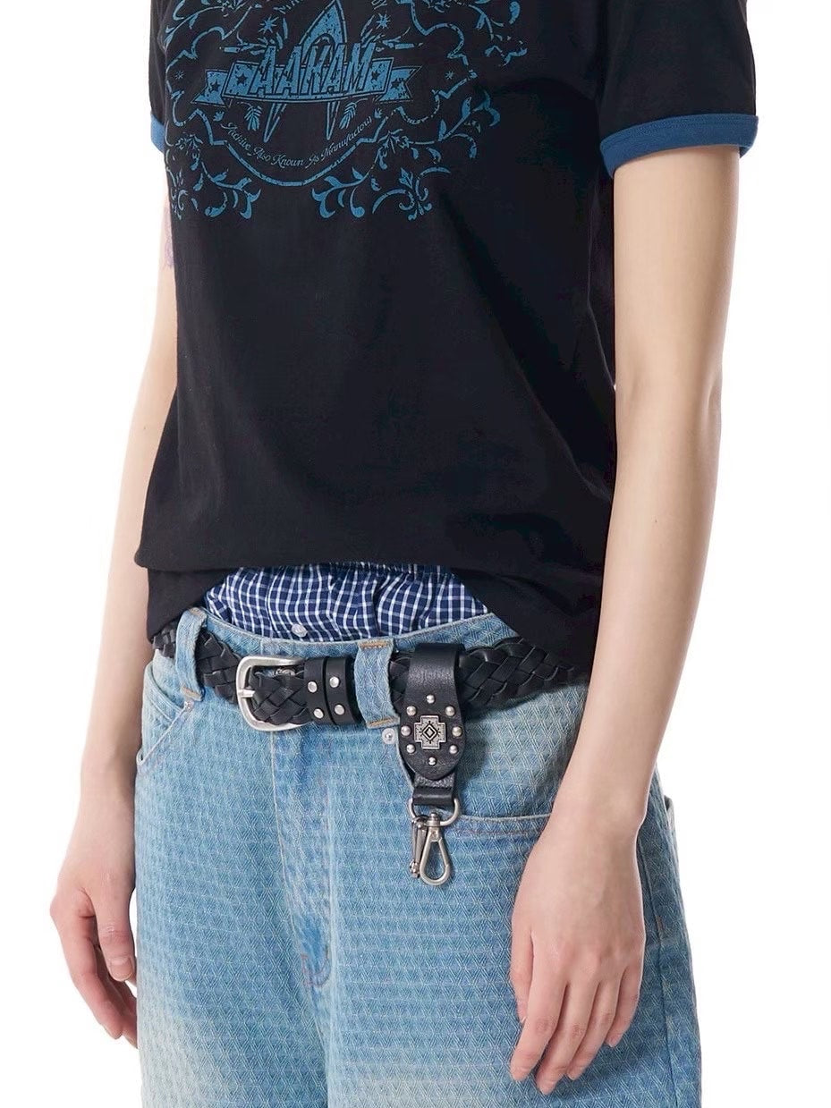 【AAKAM】Cross Studded Leather Keyring