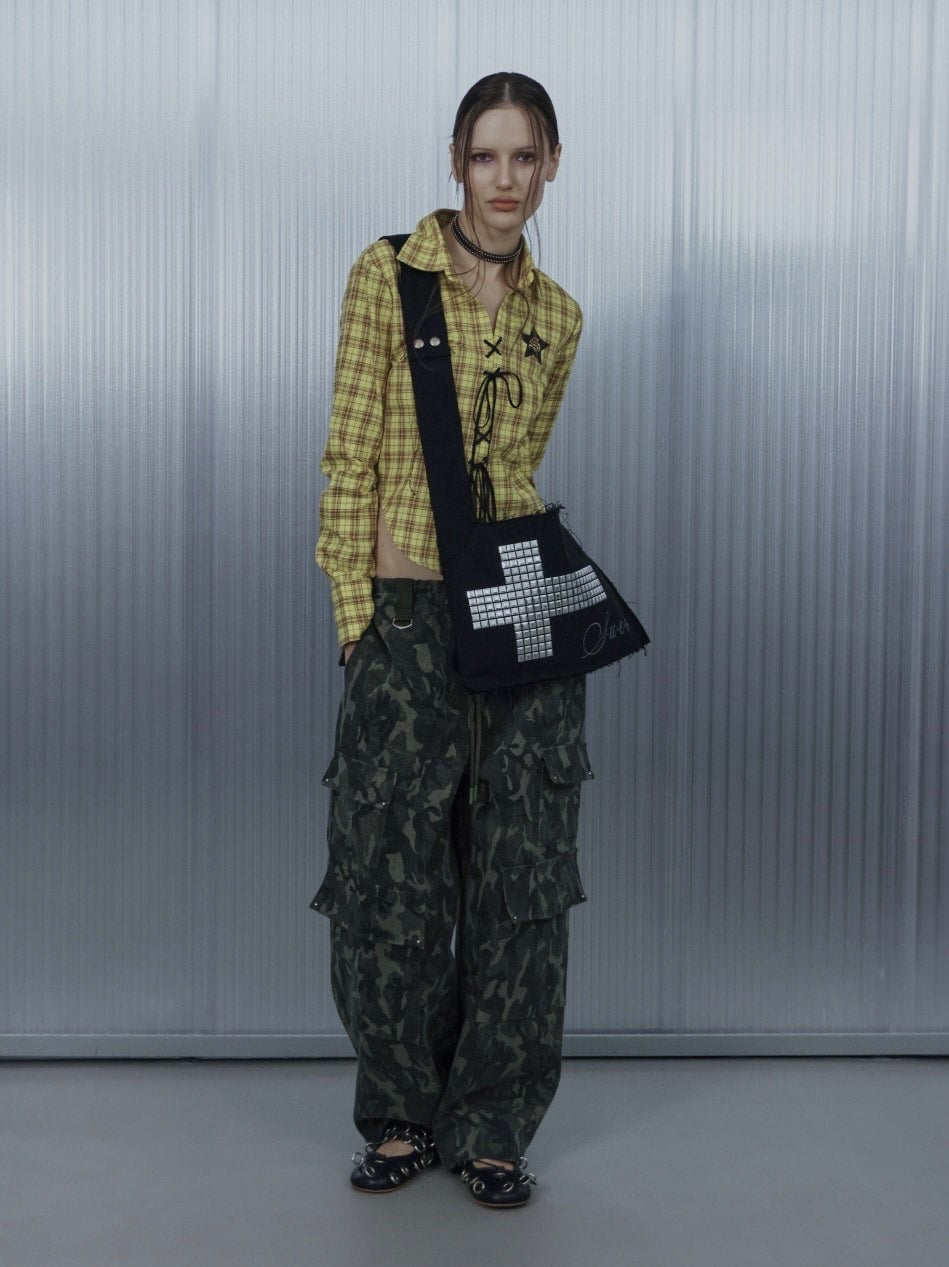 【SETUP‐EXE】CHECK RACE-UP SHIRT / 【セットアップエグゼ】チェックレースアップ長袖シャツ