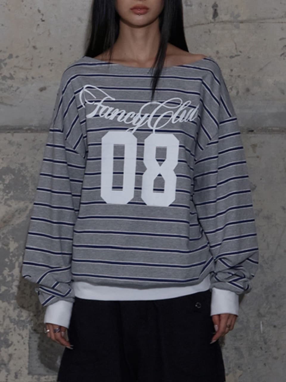 【FANCY CLUB】STRIPE ONE-SHOULDER SWEATSHIRT / 【ファンシークラブ】ストライプワンショルダースウェット長袖Ｔシャツ