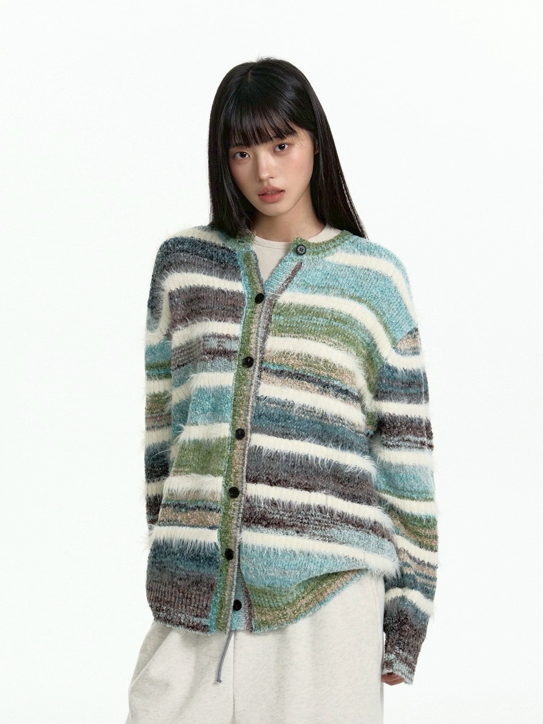 【TGNS】Gradient Terry Faux Mink Striped Cardigan Sweater / 【ツーガンズ】マルチカラーボーダーニットカーディガン