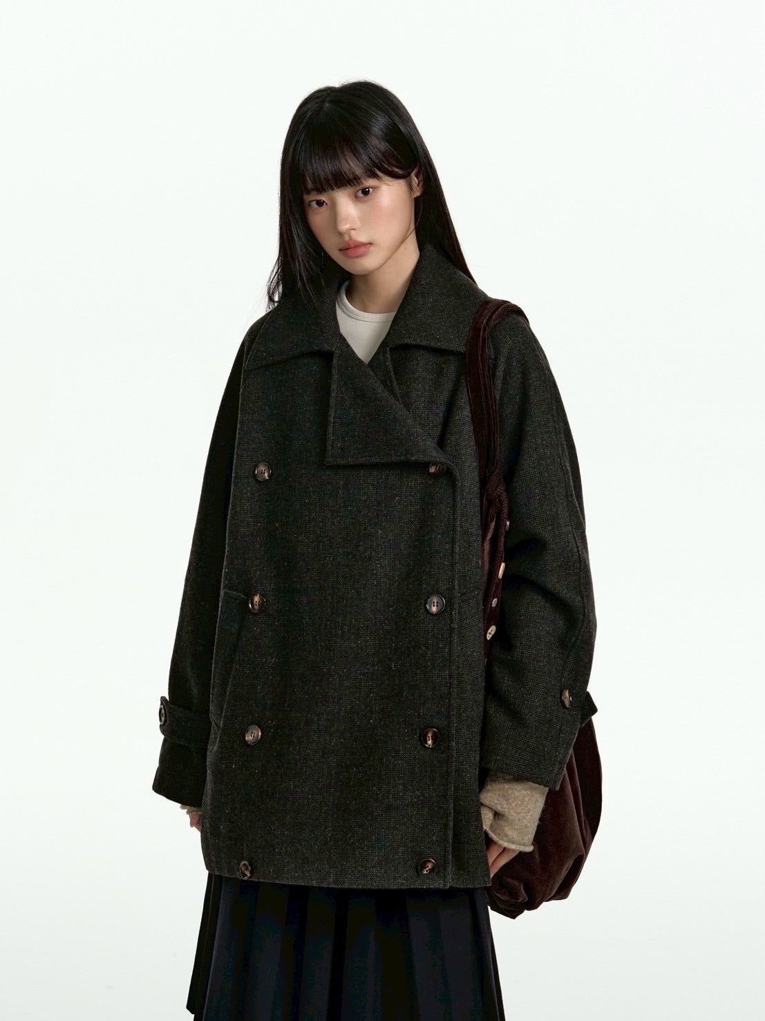 【TGNS】Dark Texture Double-Breasted Short Wool Coat / 【ツーガンズ】ダブルブレステッドボタンショートウールコート