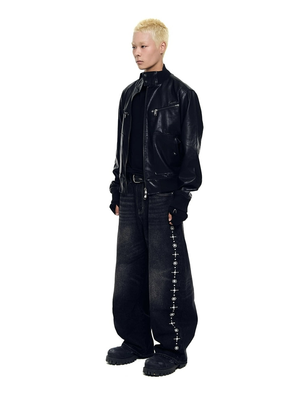 【AAKAM】Side Rhinestone Denim Pants