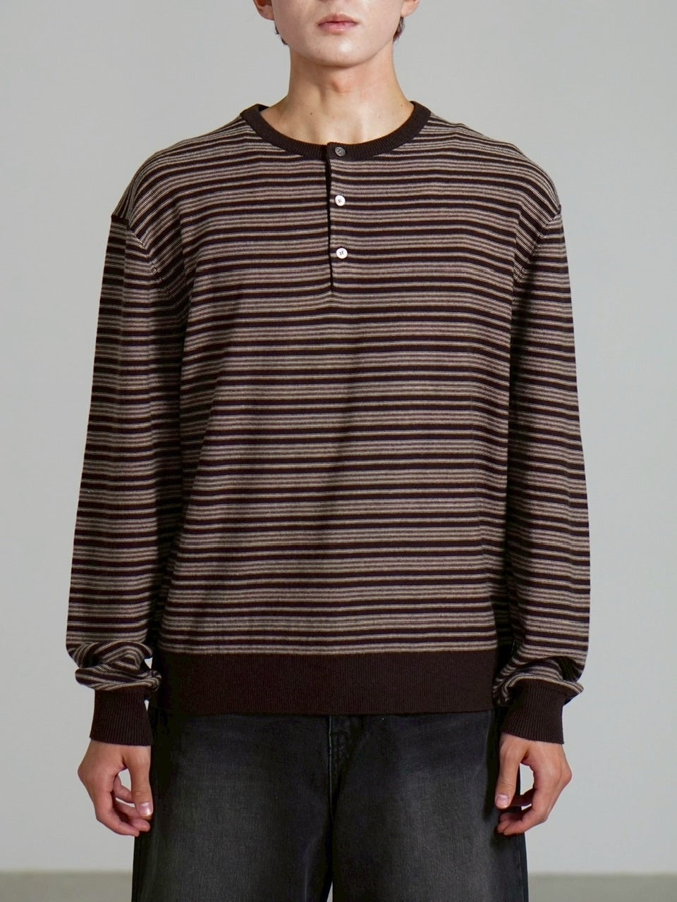 受注制【Chikashitsu +】cropped henley neck border knit (3color