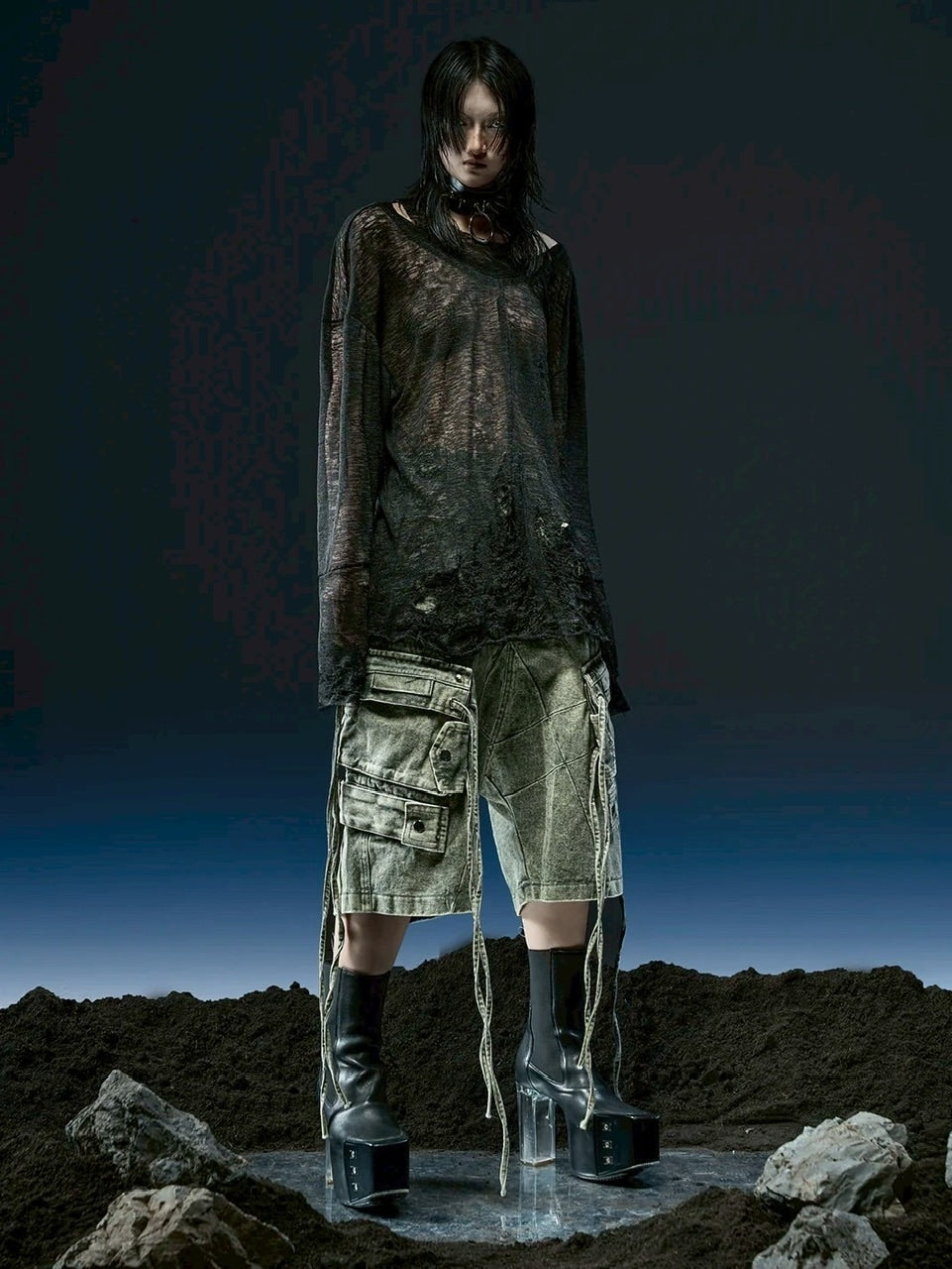 【RICH】Cargo Wide Green Washed Short pants / 【リッチ】ポケットカーゴデニムハーフパンツ