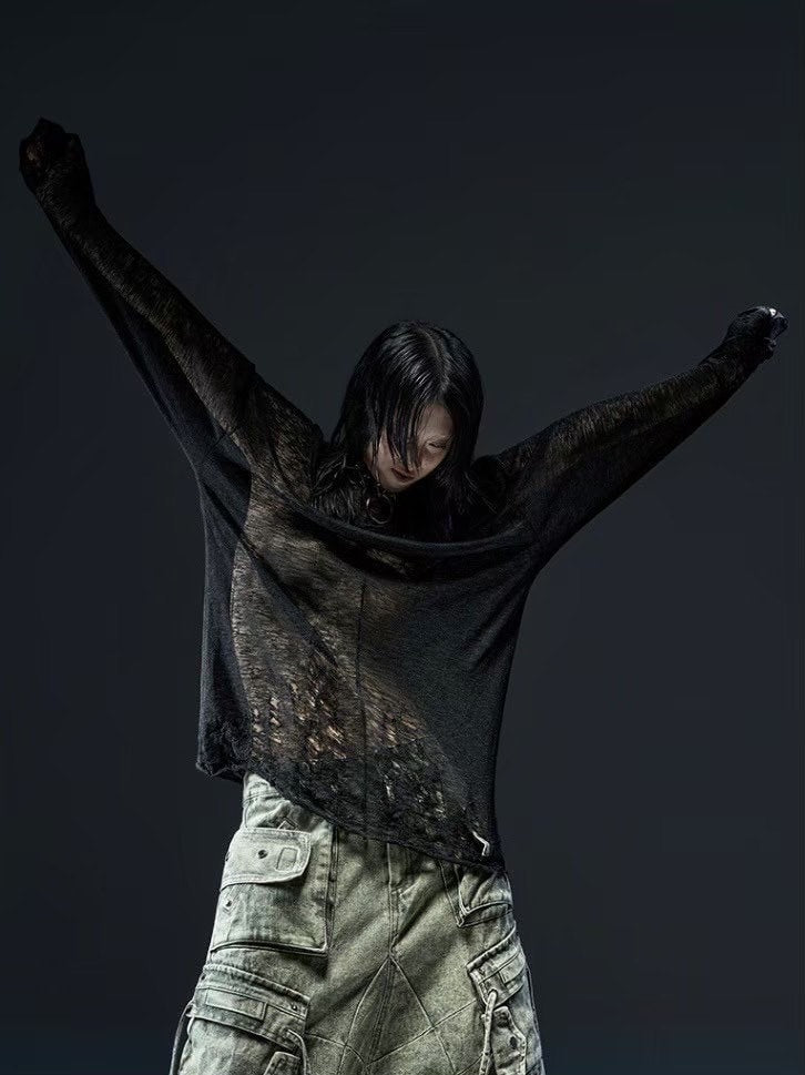 1/2 20:00再販【RICH】Ripped Over Knit Top / 【リッチ】シースルーオーバーサイズ長袖ニット