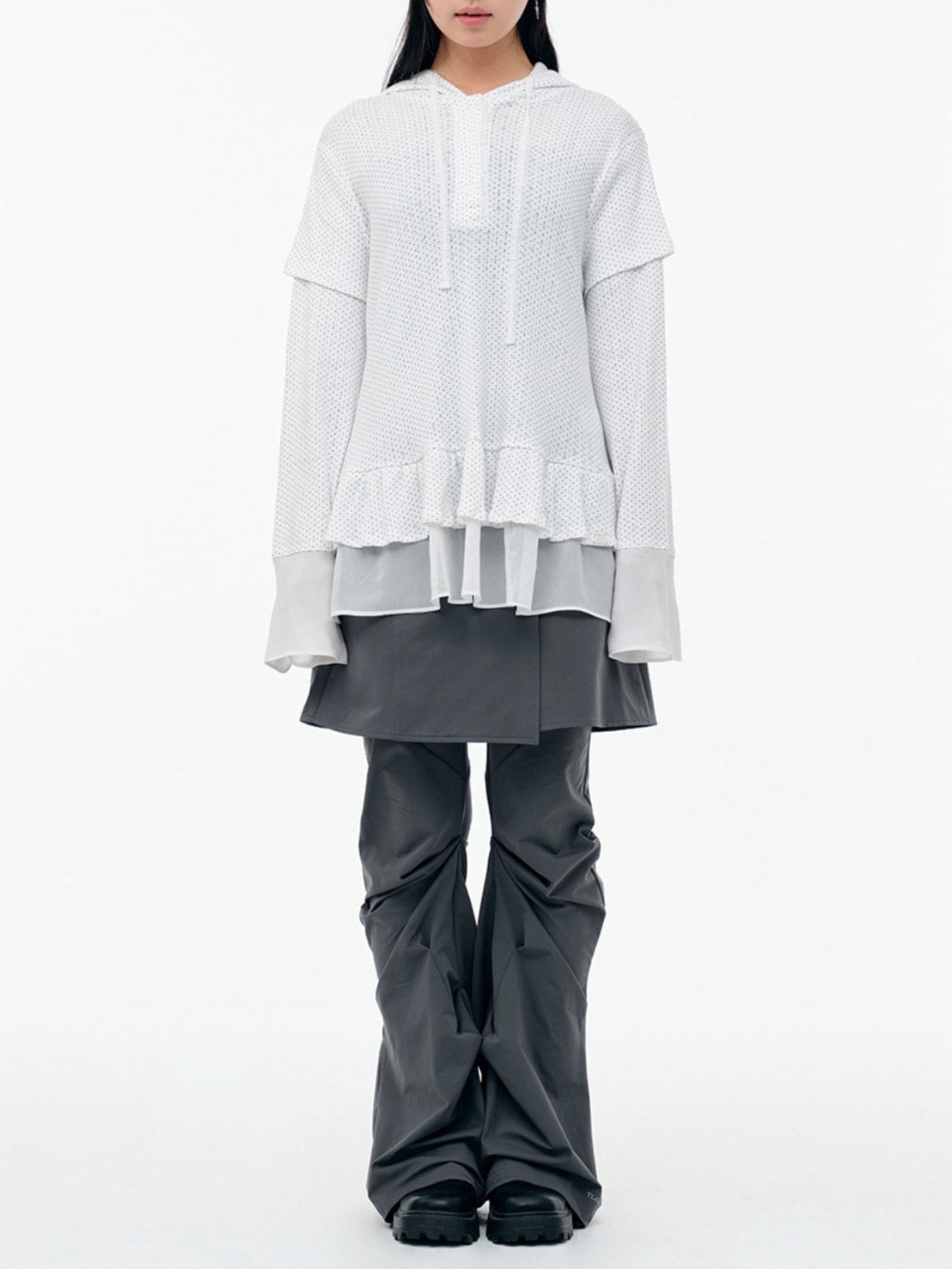 【TUOMIO】FRILL CHIFFON HOODIE / 【トゥオミオ】フリルシフォンフードパーカー