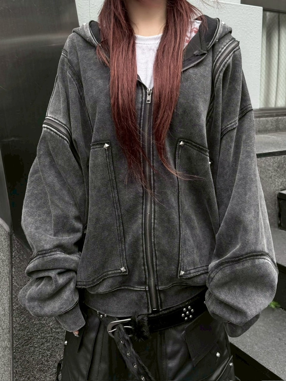 【Never mind the XU】studs washing zip up hoodie / 【ネバーマインドザエックスユー】スタッズウォッシングジップパーカー