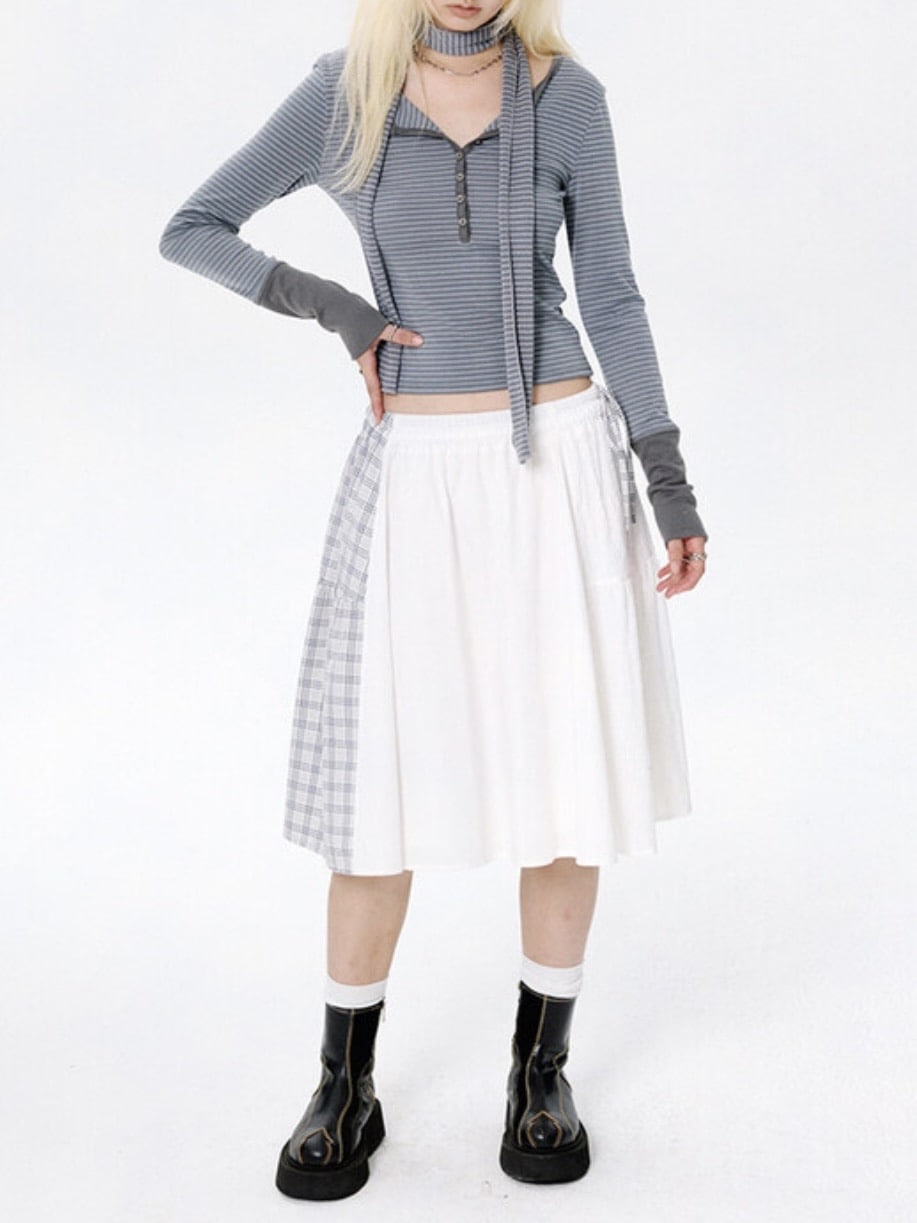 【runningHIGH】BUTTON STRIPE L/S TEE with MUFFLER / 【ランニングハイ】マフラー付きボタンストライプ長袖Ｔシャツ