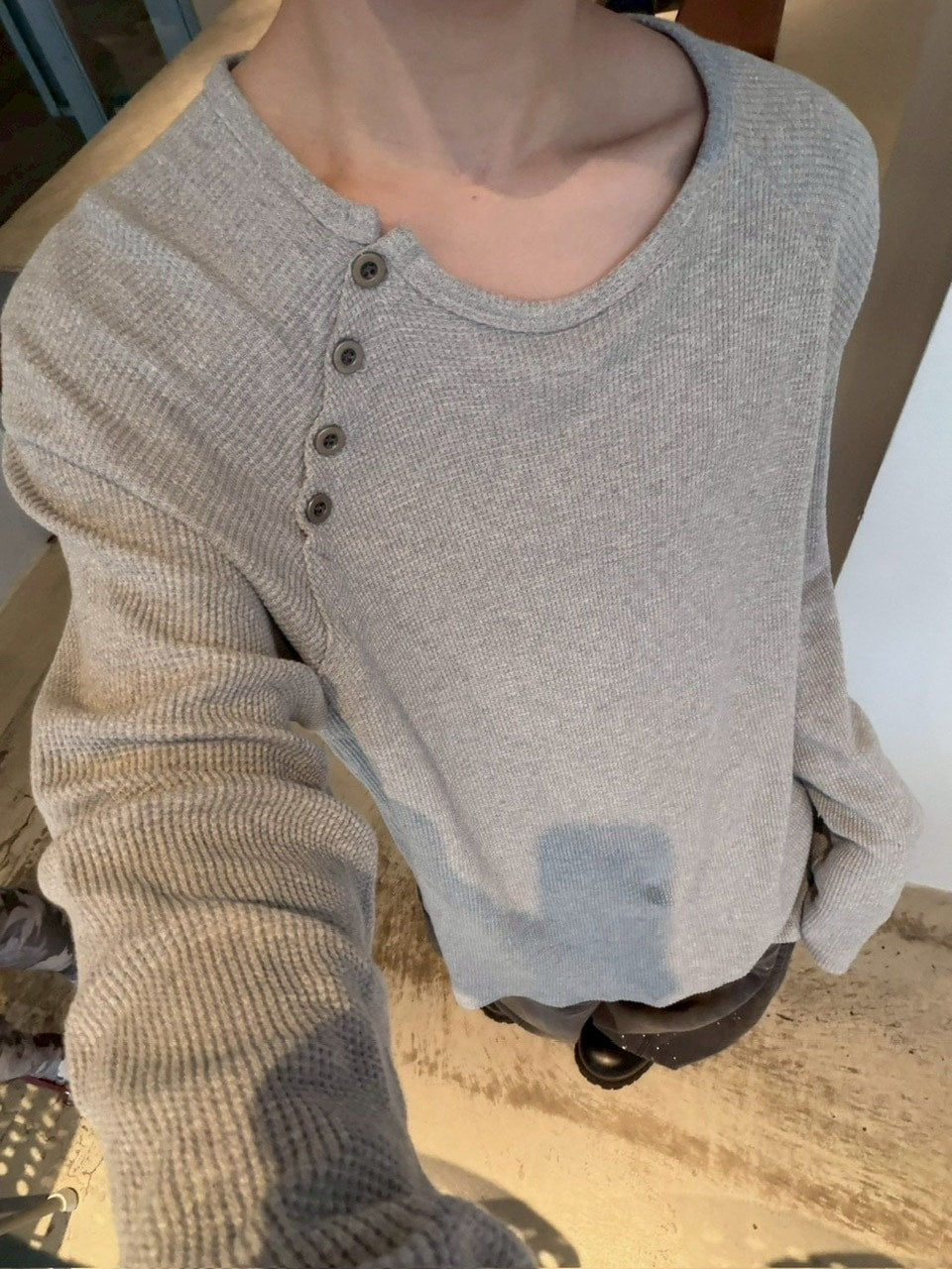 受注制【LUV CODE】snap button waffle long sleeve tee (2color)