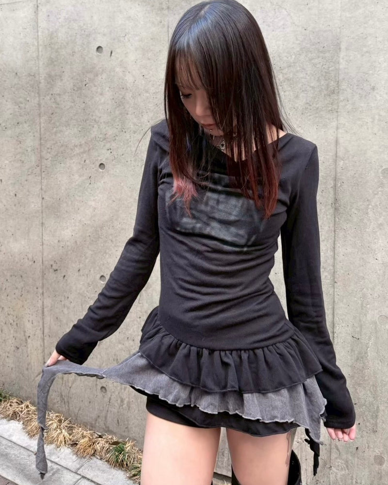 【Never mind the XU】tie set layered long sleeve / 【ネバーマインドザエックスユー】タイセットレイヤード長袖トップス (2color)