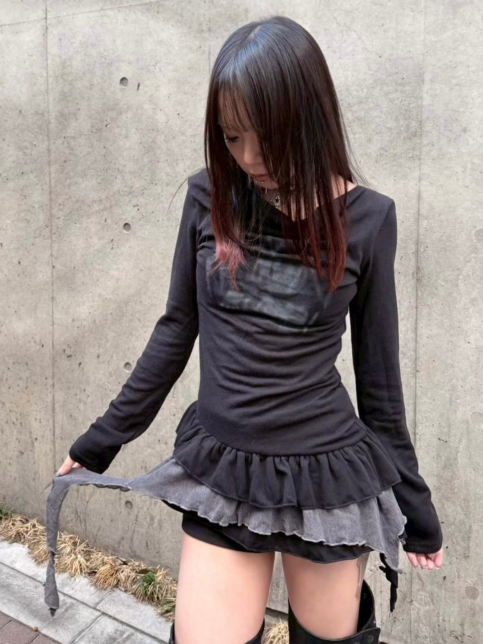 【Never mind the XU】tie set layered long sleeve / 【ネバーマインドザエックスユー】タイセットレイヤード長袖トップス (2color)