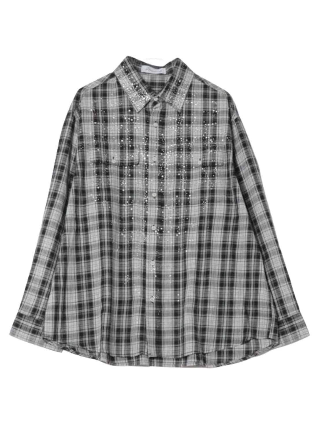 【Never mind the XU】rhinestone check shirt / 【エックスユードッグ】ラインストーンチェック長袖シャツ (2color)