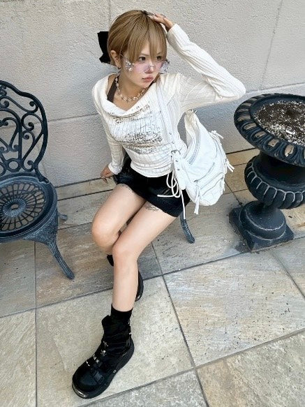 【Never mind the XU】off shoulder tops / 【ネバーマインドザエックスユー】シャーリングオフショルダー長袖トップス (3color)