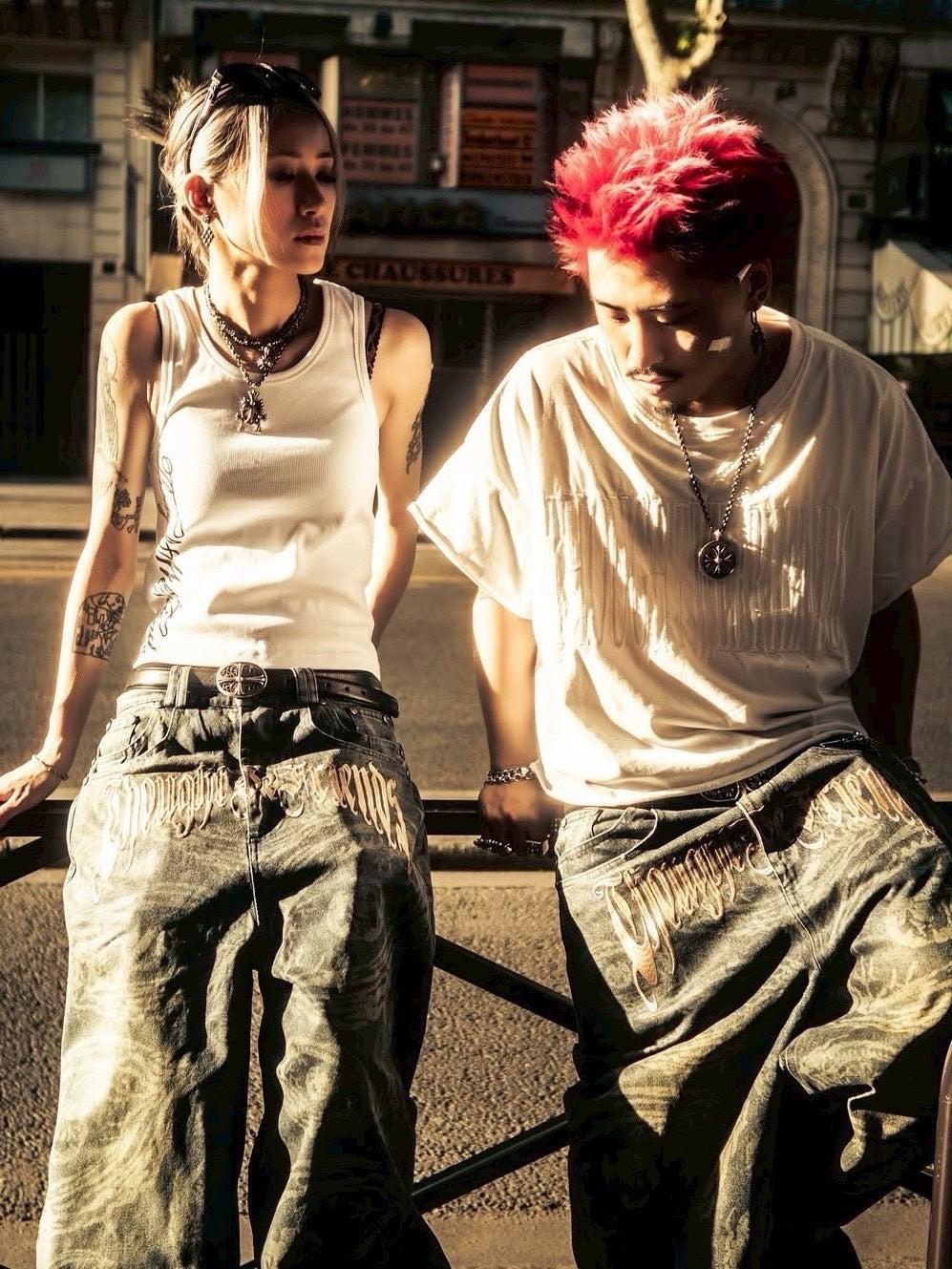 【Thought We Friends】Eyethought 2.0 Distressed Baggy Denims with Embroidery & Studs