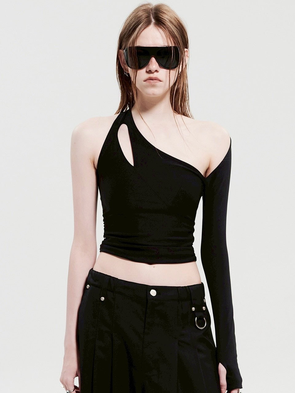 【HOLY NUMBER 7】Unbalanced One-Shoulder Shirring Long Sleeve T-shirt