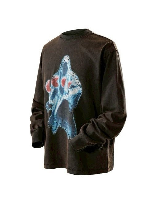 【The Boy Has No Patience】Two-Color Printed Long Sleeves (Washed + Damaged) / 【ザボーイハズノーペーシェンス】グラフィックプリント長袖Tシャツ