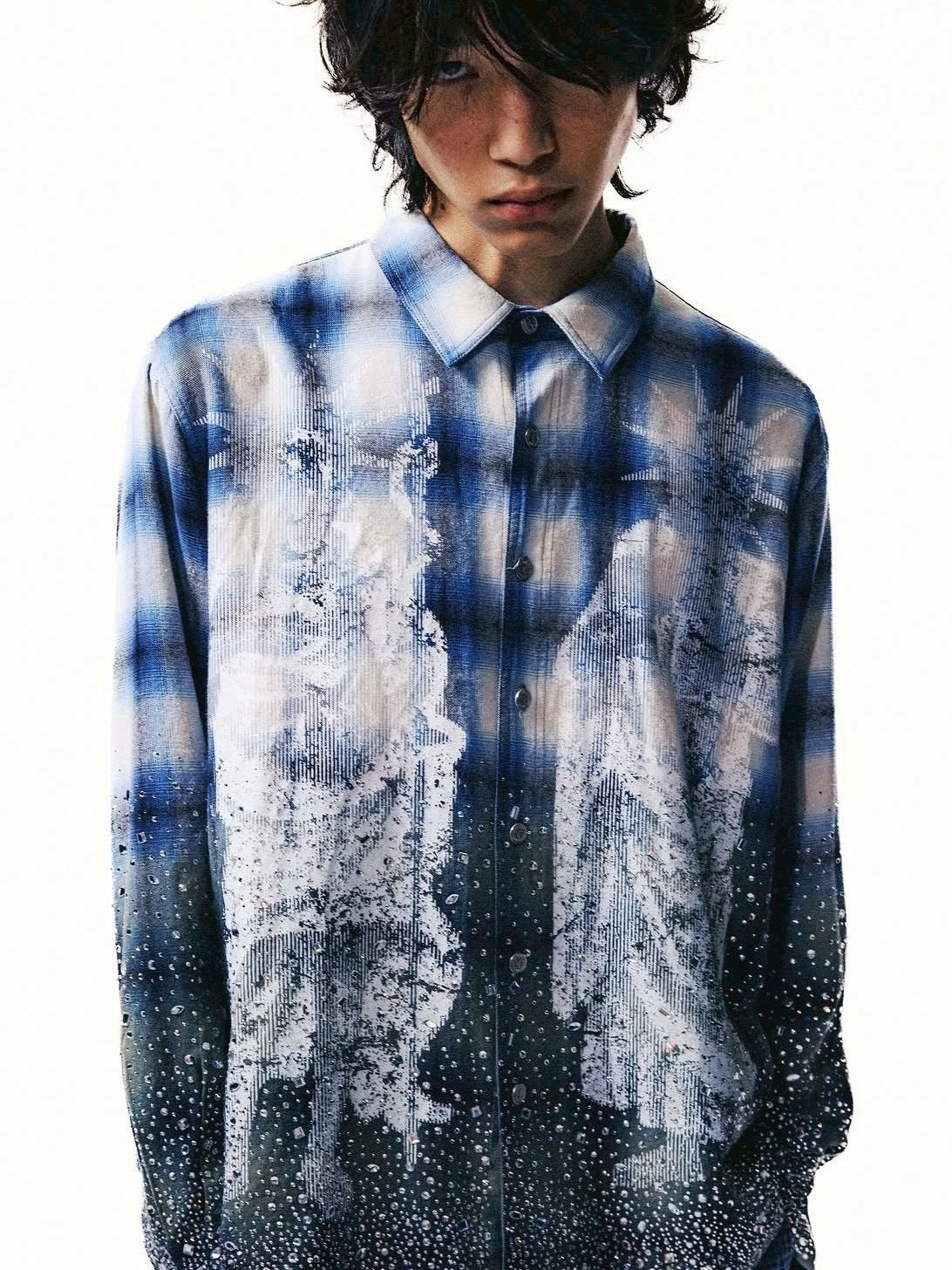 【The Boy Has No Patience】Saint Irregular Hot Diamond Plaid Shirt / 【ザボーイハズノーペーシェンス】ラインストーングラデーション長袖チェックシャツ