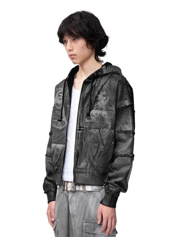 【The Boy Has No Patience】Double Saint Spray Hooded Jacket / 【ザボーイハズノーペーシェンス】スプレーグラフィックフードジップアップブルゾン