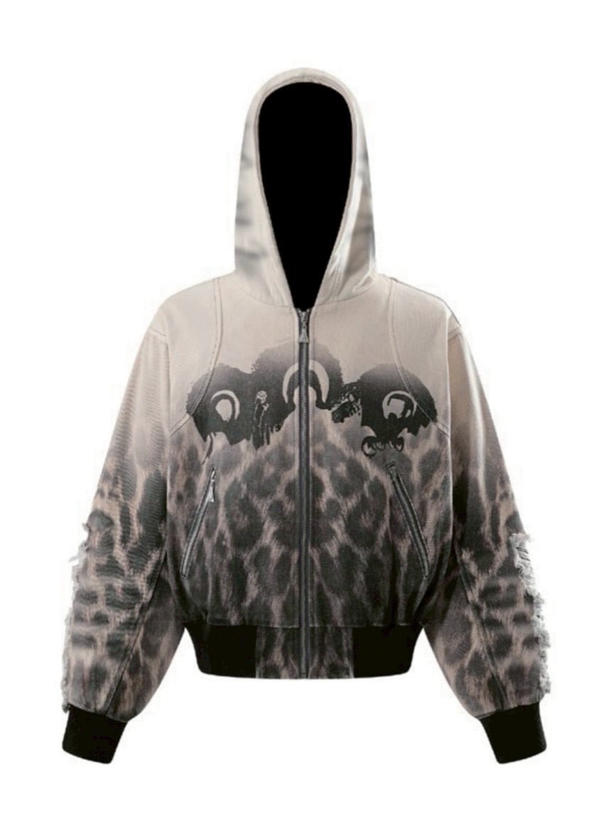 【The Boy Has No Patience】Fur Print Patchwork Jacket / 【ザボーイハズノーペーシェンス】レオパードプリントダメージフードジップアップブルゾン