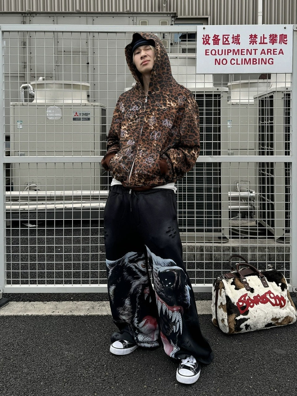 DND4DES】Cartoon Rhinestone-Studded Leopard Print Zip Hoodie