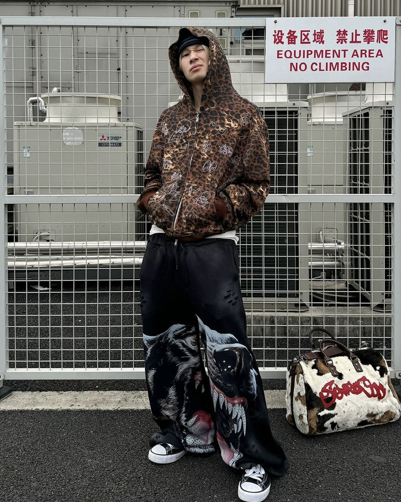 【DND4DES】Cartoon Rhinestone-Studded Leopard Print Zip Hoodie /【ディーエヌディーフォーデス】ラインストーンレオパードプリントジップアップパーカー